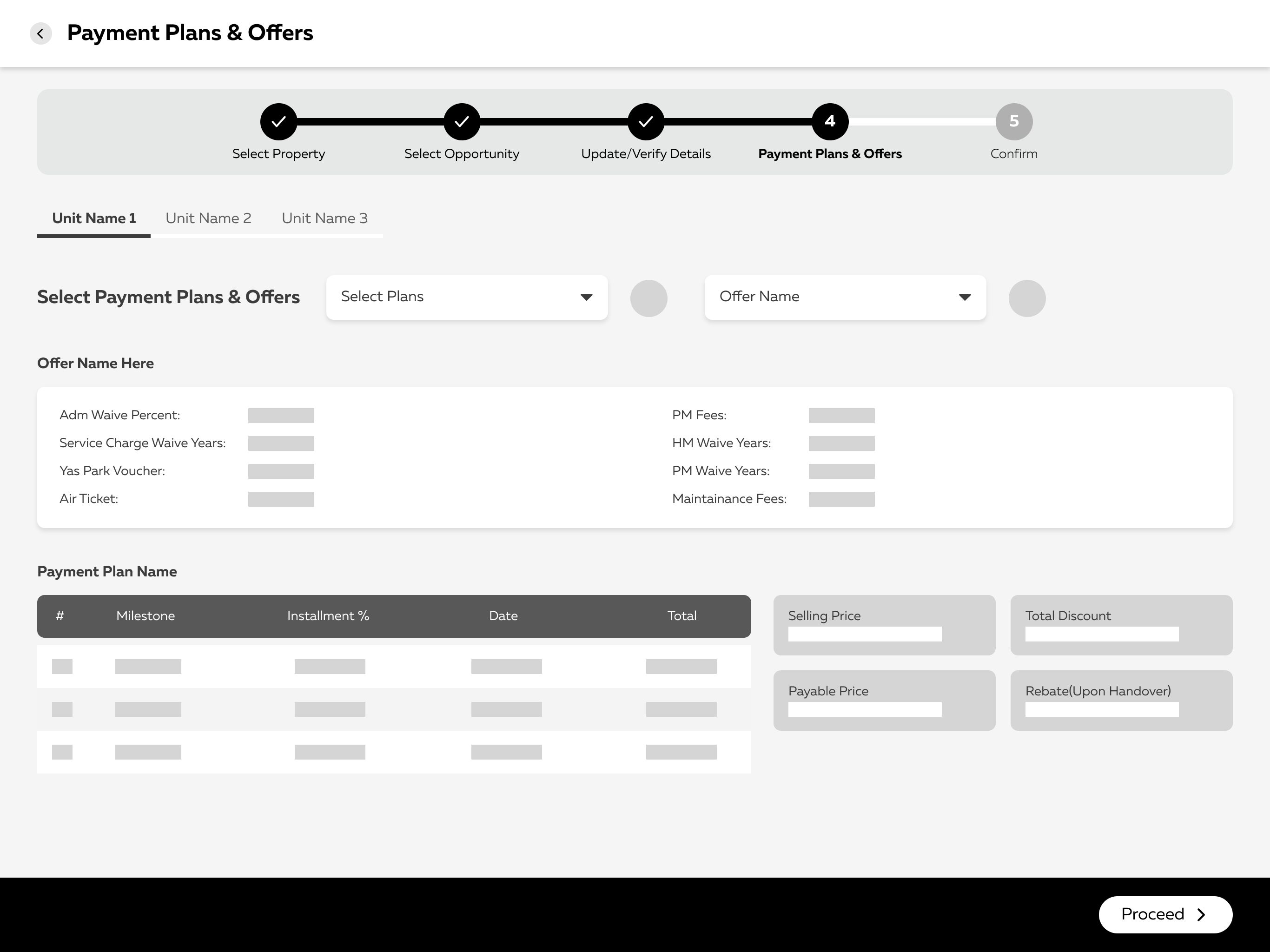 Wireframe — payment plans & offers