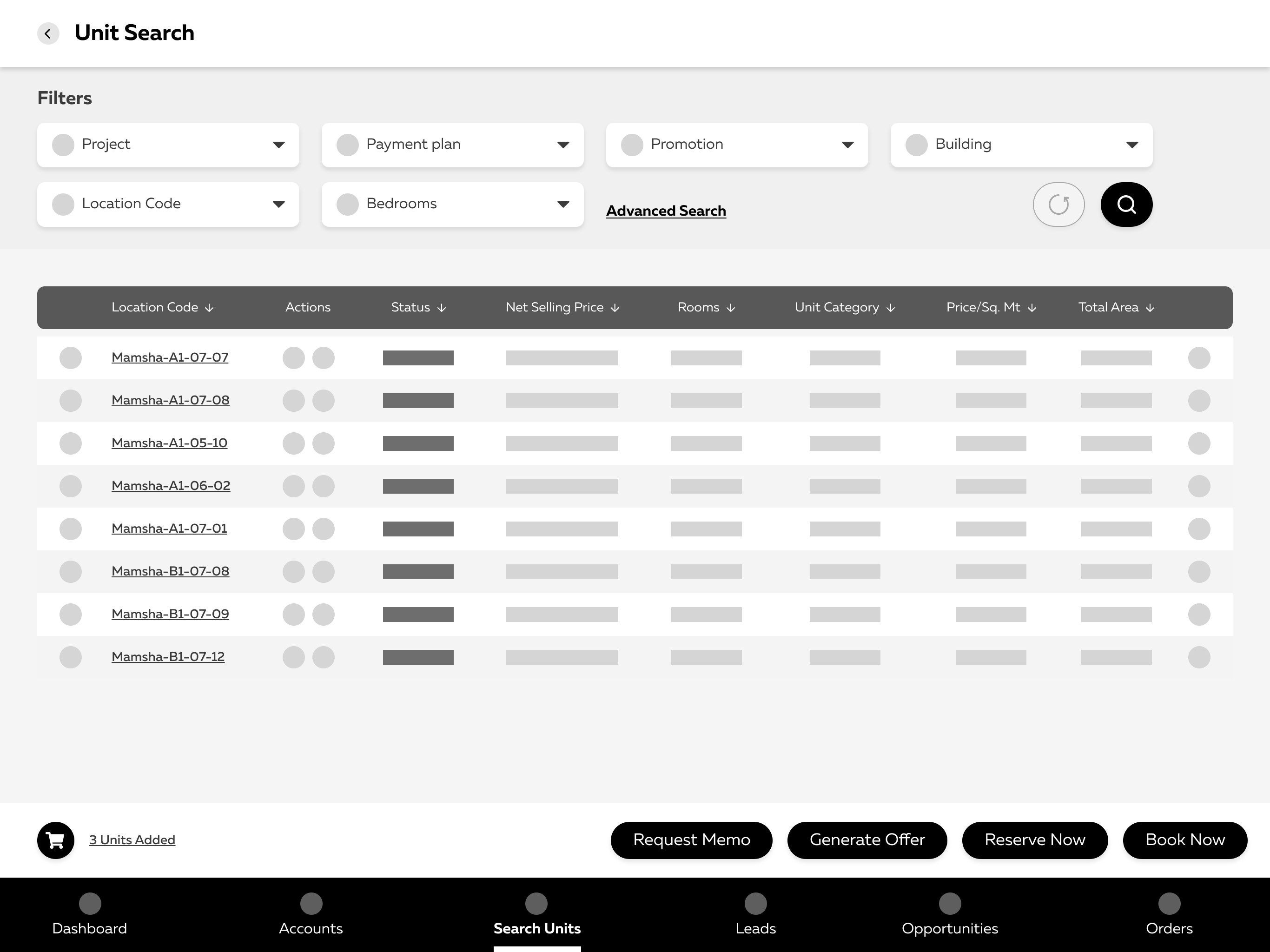 Wireframe — unit search