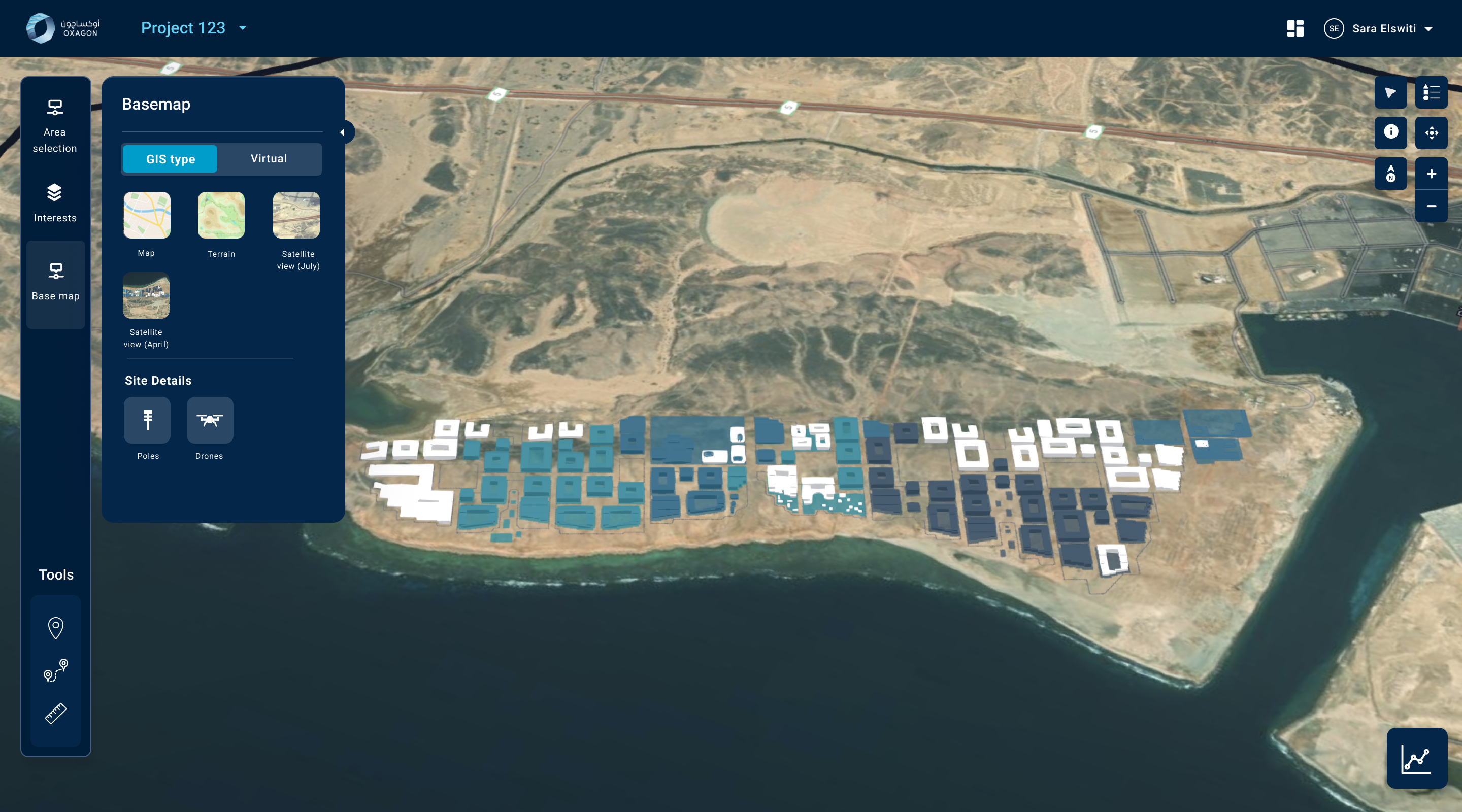 Explorer with base-map panel — GIS and virtual modes