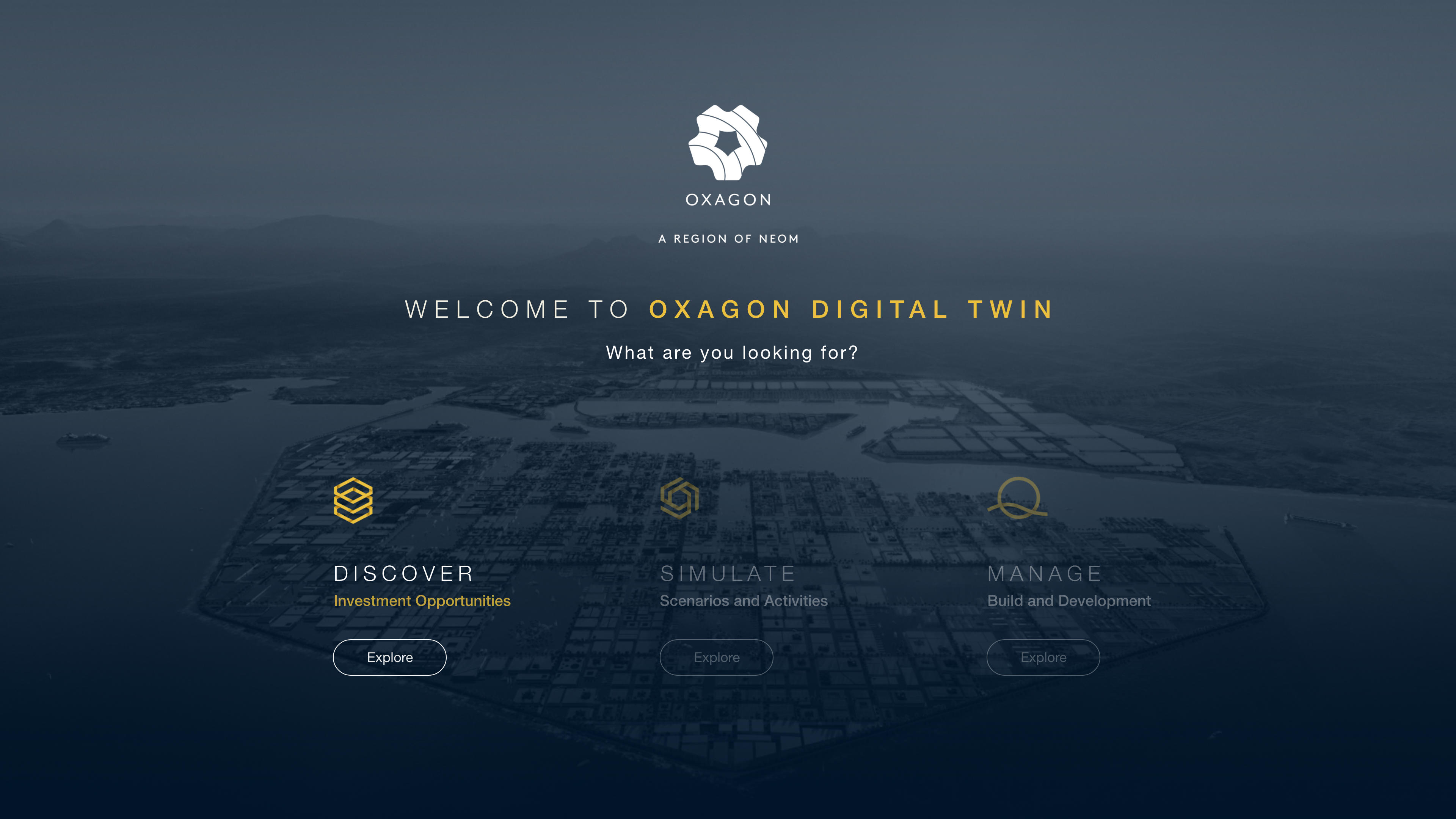 Oxagon Digital Twin welcome screen — Discover, Simulate, Manage