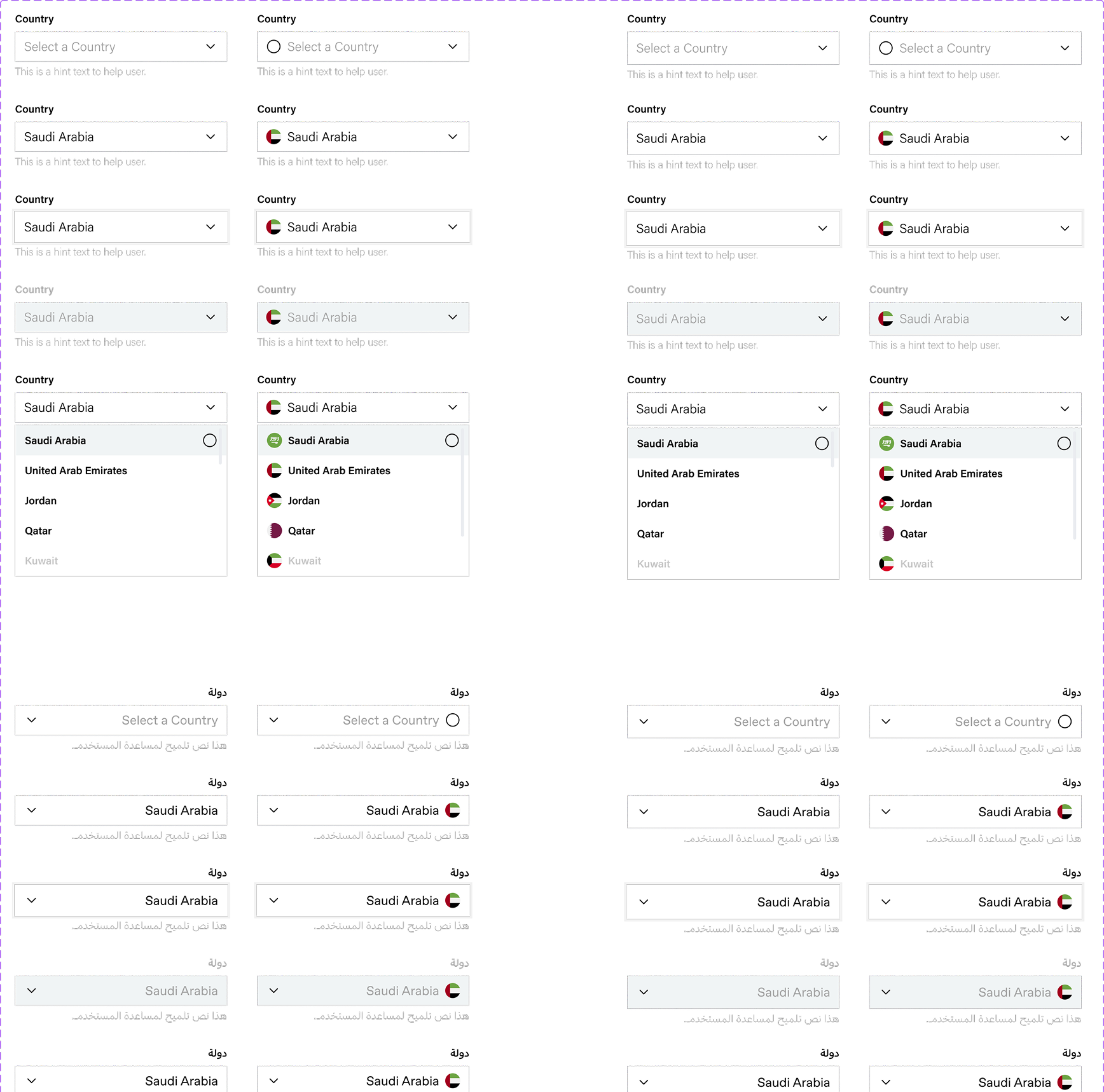 Inputs & dropdowns — every state, EN & Arabic